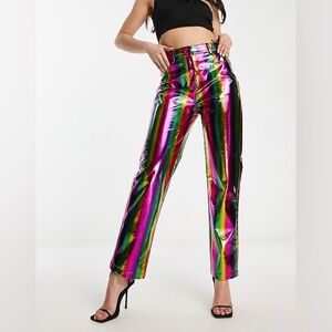 Women's Pants - Amylynn Rainbow Vegan Leather 5 Pocket Slim Button Party Size M